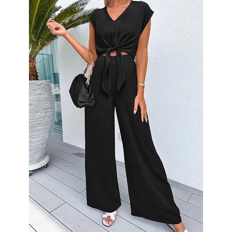 Women's Fashion Streetwear Daily Pants Sets Short Sleeve V Neck Solid Color Lace up Casual Daily Black Dark Navy Navy Blue Summer Regular Fit