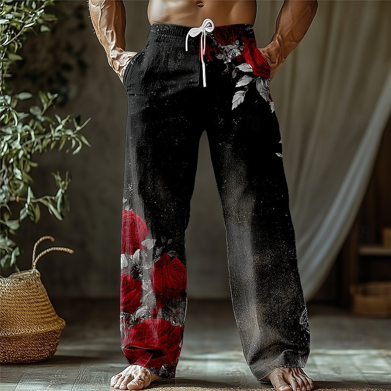 Men's Floral Print Rose Flowers Trousers Baggy Pants Casual Pants Mid Waist Retro Vintage Outdoor Vacation Holiday Drawstring Side Pockets Elastic Waist Summer Spring 3D Print Red Blue Purple