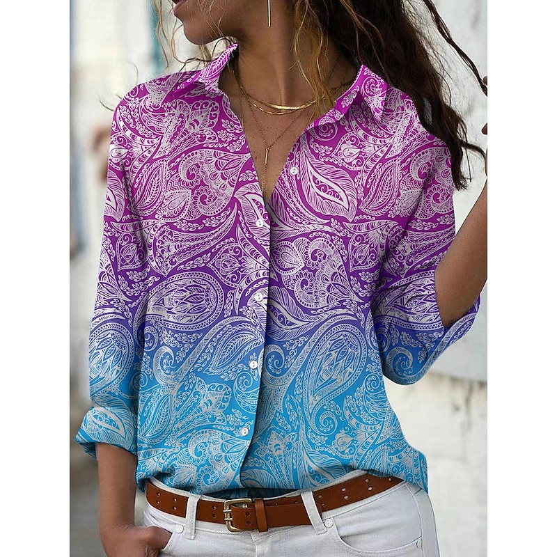 Women's Shirt Button Down Tunic Shirt Collar Long Sleeve Ombre Graphic Paisley Vintage Daily Stylish Regular Tops Work Daily Holiday s Print Blue Purple Spring Fall