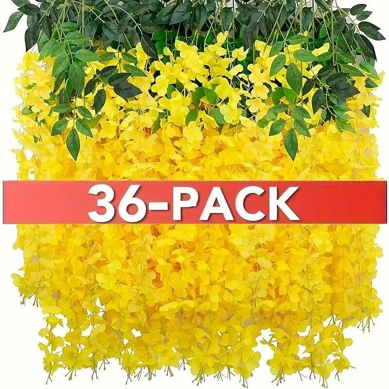 36pcs Artificial Wisteria Flower Garland, Yellow Hanging Faux Vines for Wedding Arch, Party Backdrop, Home Garden Outdoor Wall Decor, Indoor Outdoor Use, No Maintenance, Thanksgiving Christmas Decoration