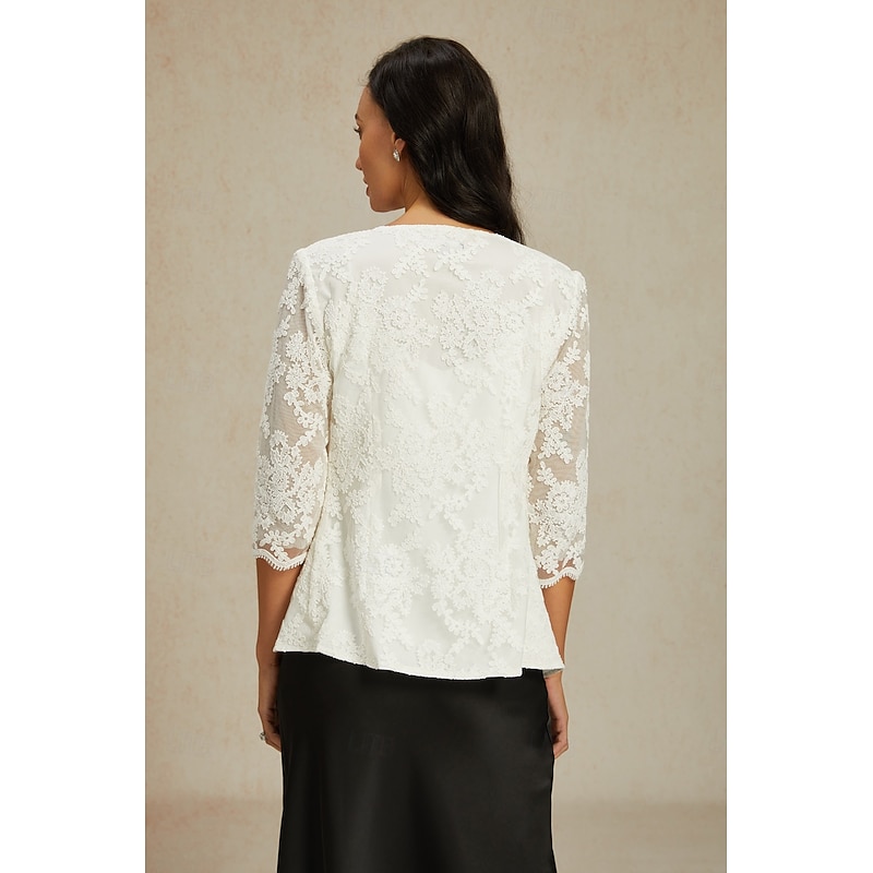 Women's Lace Jacket Blazer Mesh Elegant 3/4 Length Sleeve Crew Neck Regular Tops Wedding Guest Work Daily Lace White Spring Fall2