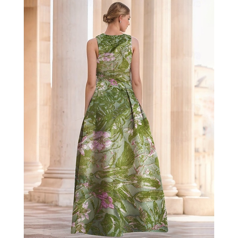 Jacquard Brocade Floral A-Line Evening Gown Elegant Dress Formal Wedding Floor Length Sleeveless V Neck Nylon with Slit Pocket Wedding Guest Dress4