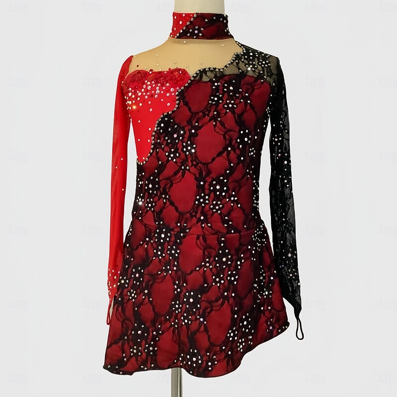 Figure Skating Dress Women's Girls' Ice Skating Dress Black+Red Thumbhole Asymmetric Hem Mesh Spandex Lace Stretchy Training Practice Professional Skating Wear Thermal Warm Classic Crystal