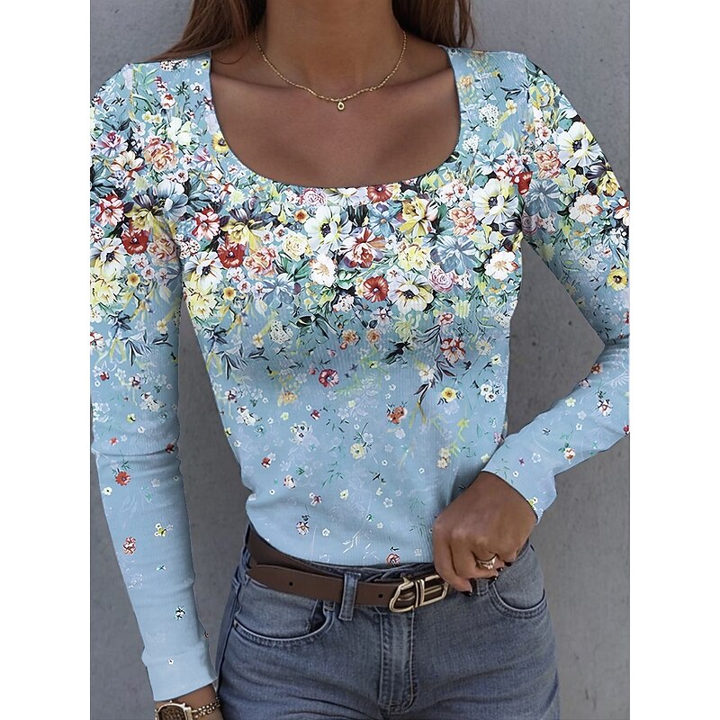 Women's T Shirt Ribbed Graphic Square Neck Long Sleeve Casual Floral Vintage Regular Tops Daily Print Yellow Pink Blue Purple Green Spring Fall2