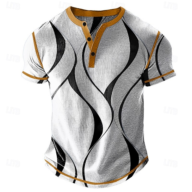 Men's Graphic Abstract Henley Shirt Waffle T Shirt Short Sleeve Daily Contemporary Retro Vintage Sports Outdoor Casual Holiday Spring & Summer All Seasons Navy Blue Khaki Light Grey Henley Henley3