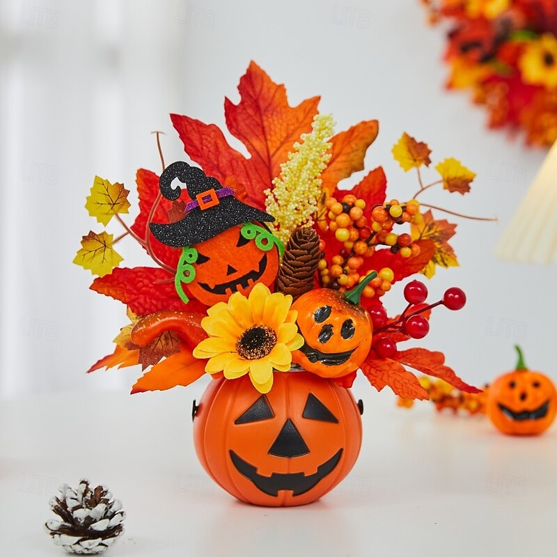 Halloween Fall Desktop Ornament with Faux Pumpkin Decoration, Maple Leaves, Pinecones and Fall Party Decor, Spooky Halloween Table Display for Harvest Festival and Autumn Home Setup2