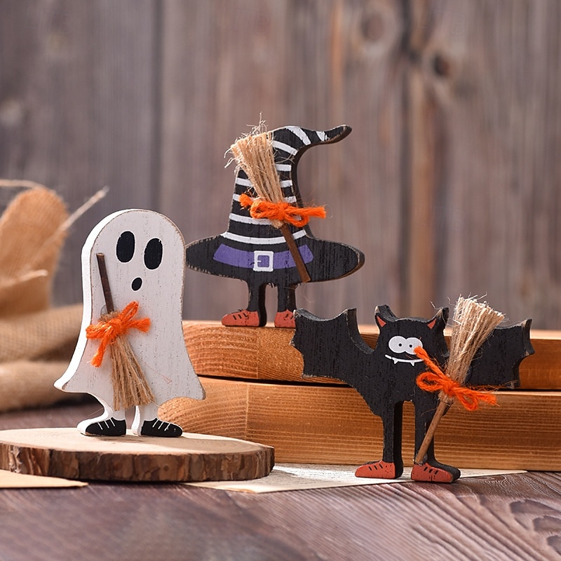 Halloween Wooden Ghost and Bat Tiered Tray Decor, Spooky Halloween Tabletop Ornaments, Rustic Wooden Signs for Tiered Tray Display and Party Decorations