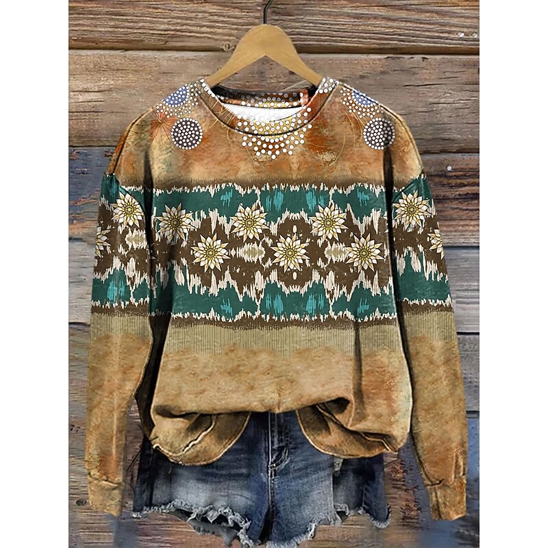Women's Pullover Sweatshirt Graphic Tribal Abstract Fashion Casual Long Sleeve Crew Neck Regular Tops Street Dailywear Casual Print Blue Purple Khaki Fall Winter