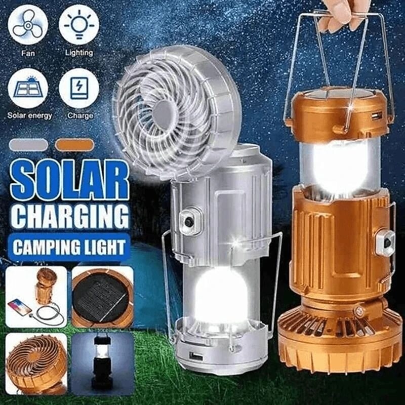 Solar Camping Light with Fan Portable and Stretchable Electric Fan Emergency Light Outdoor Lighting Mobile Phone Rechargeable LED Tent Light