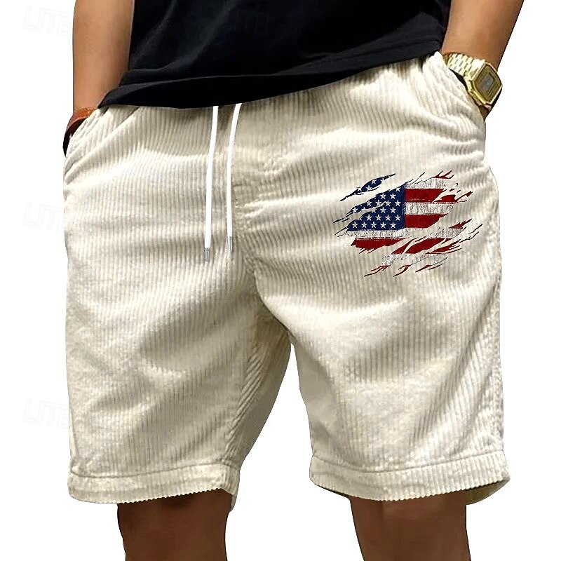 Men's Shorts Summer Shorts Casual Shorts Corduroy Shorts Pocket Elastic Waist Drawstring National Flag Comfort Breathable Short Outdoor Vacation Sport Casual Black White4