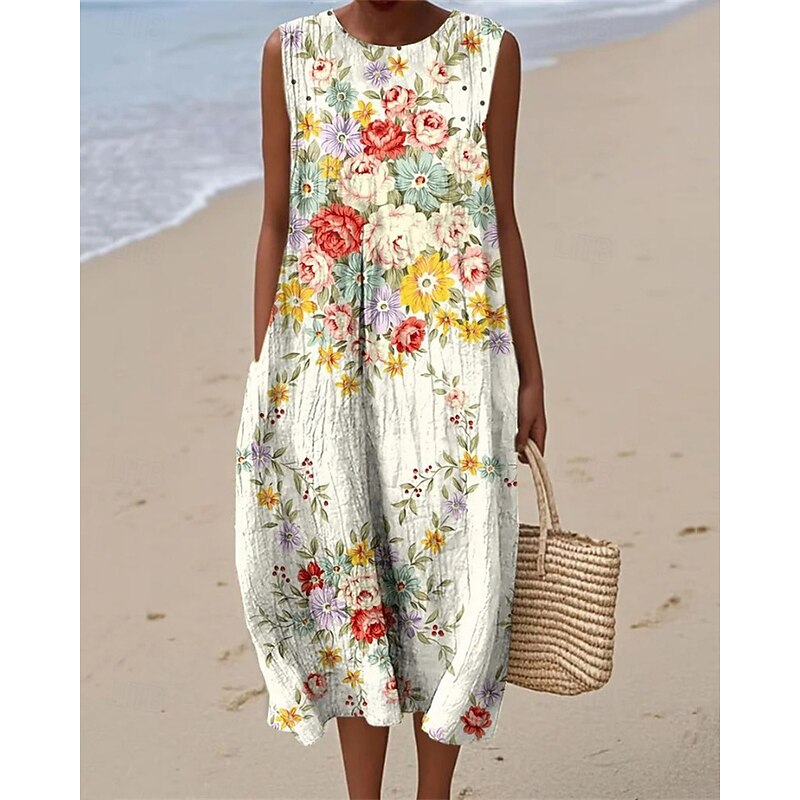 Women's Midi Dress Casual Dress Summer Dress Fashion Modern Daily Beach Weekend Regular Fit Flower Sleeveless Crew Neck White Yellow Fall