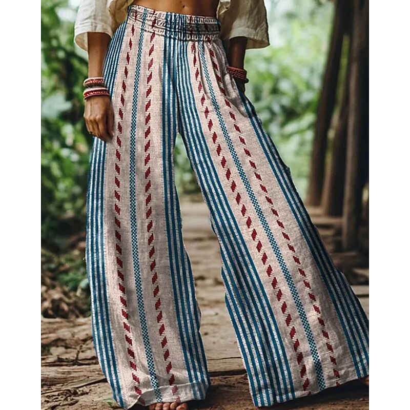 Women's Wide Leg Pants Trousers Palazzo Pants Fashion Boho Full Length High Waist Striped Elastic Waist Breathability Comfortable Street Daily Wear Going out Red Blue Green Spring Fall Regular Fit2