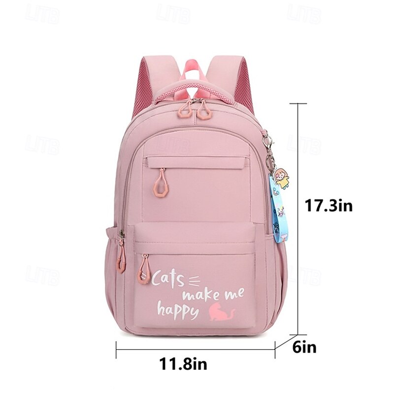 Girls' Cute Cat Print School Backpack with Keychain, Lightweight Waterproof Bookbag, Pink Purple Blue Black3