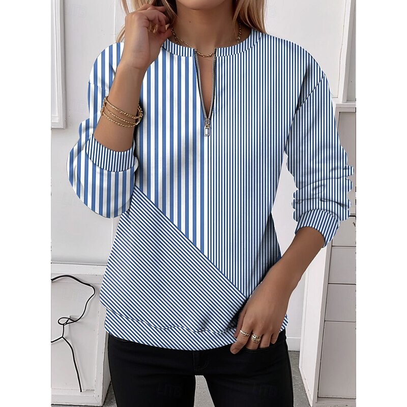Women's Zip Up Sweatshirts Graphic Striped Casual Long Sleeve Crew Neck Regular Tops Street Dailywear Half Zip Print Yellow Red Blue Purple Green Spring Fall Winter