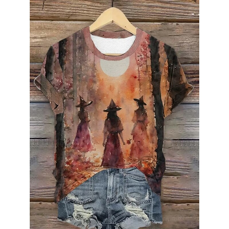 Halloween Women's T shirt Witch Graphic Vintage Stylish Classic Short Sleeve Crew Neck Round Neck Regular Tops Daily Weekend Print Light Brown Dusty Blue Purple Orange Brown Summer Spring3