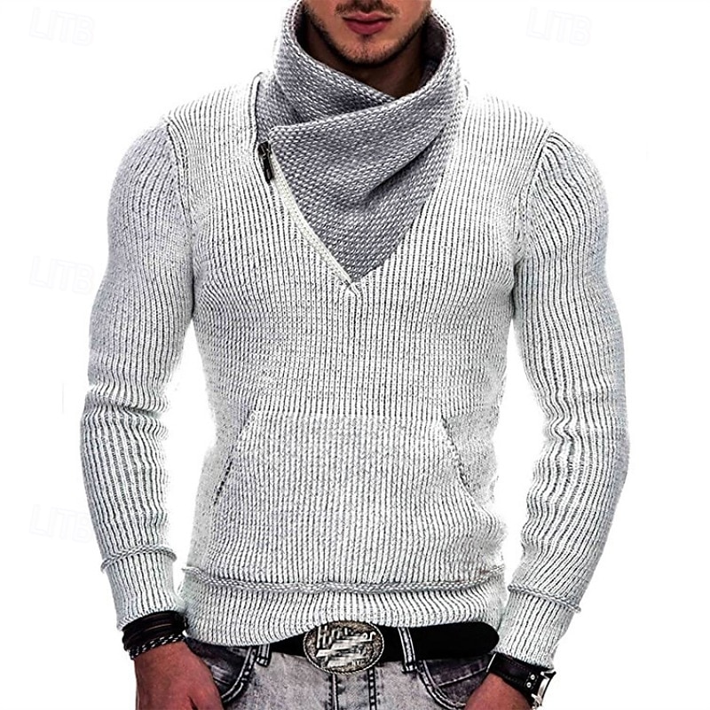 Men's Sweater Pullover Sweater Jumper Ribbed Knit Regular Tops Knitted Slim Fit Plain Shawl Knitwear Fashion Casual Daily Wear Clothing Apparel Winter Black White S M L2