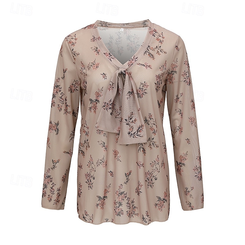 Women's Western Blouse Blouse Chiffon Tops Floral Bohemia Vintage Boho Long Sleeve V Neck Regular Tops Daily Holiday Lace up Print Khaki Summer4