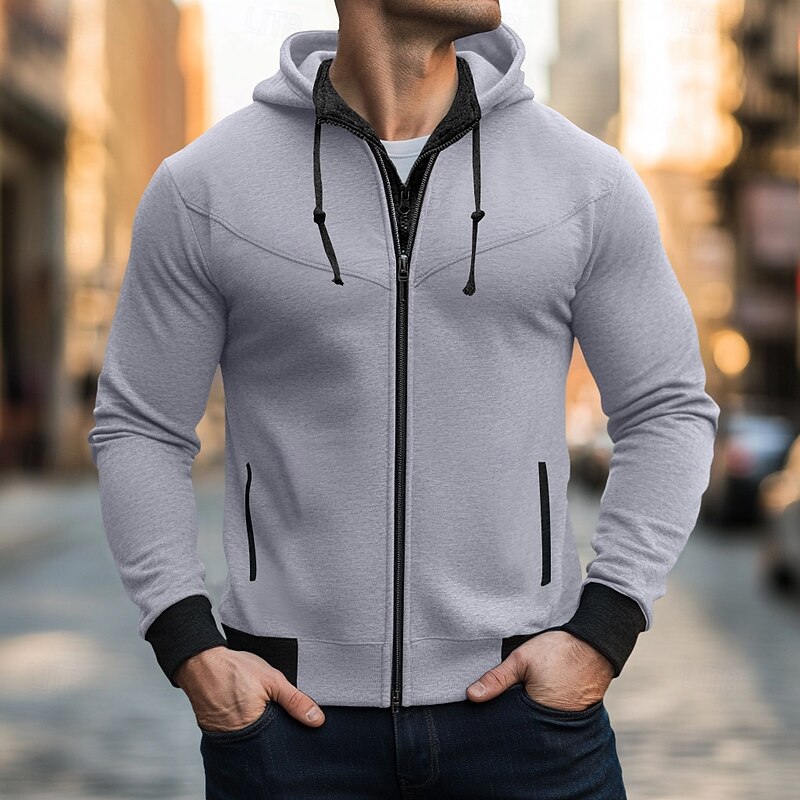 Men's Hoodie Full Zip Hoodie Black Red Dark Gray Gray Hooded Plain Patchwork Sports & Outdoor Casual Daily Streetwear Cool Designer Spring &  Fall Clothing Apparel Hoodies Sweatshirts2