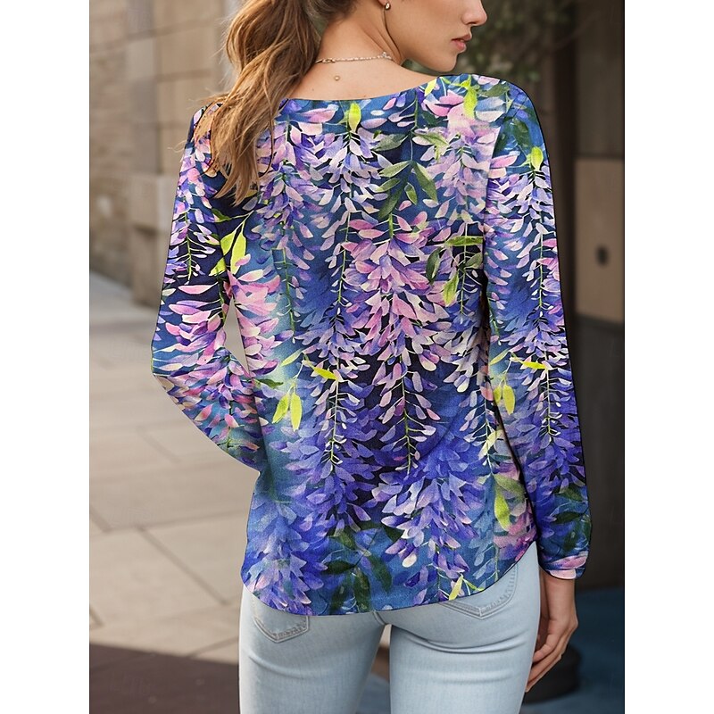 Women's T shirt Crew Neck Long Sleeve Tunic Floral Graphic Plants Vintage Stylish Classic  Round Neck Regular Tops Daily Print Yellow Red Blue Purple Green Fall2