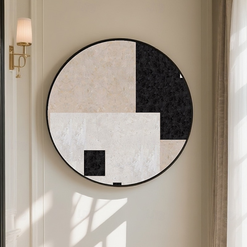 Handmade Circular Abstract Oil Painting Geometric Division Textured Surface Modern Art Black White Beige Sand Taupe Palette Gallery Canvas Contrast Balance Ready To Hang Artisan Statement4