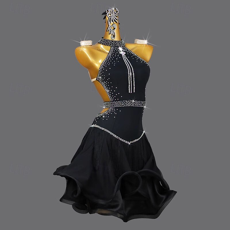 Latin Dance Dress Rhinestone Tassel Splicing Women's Performance Training Sleeveless Chinlon4