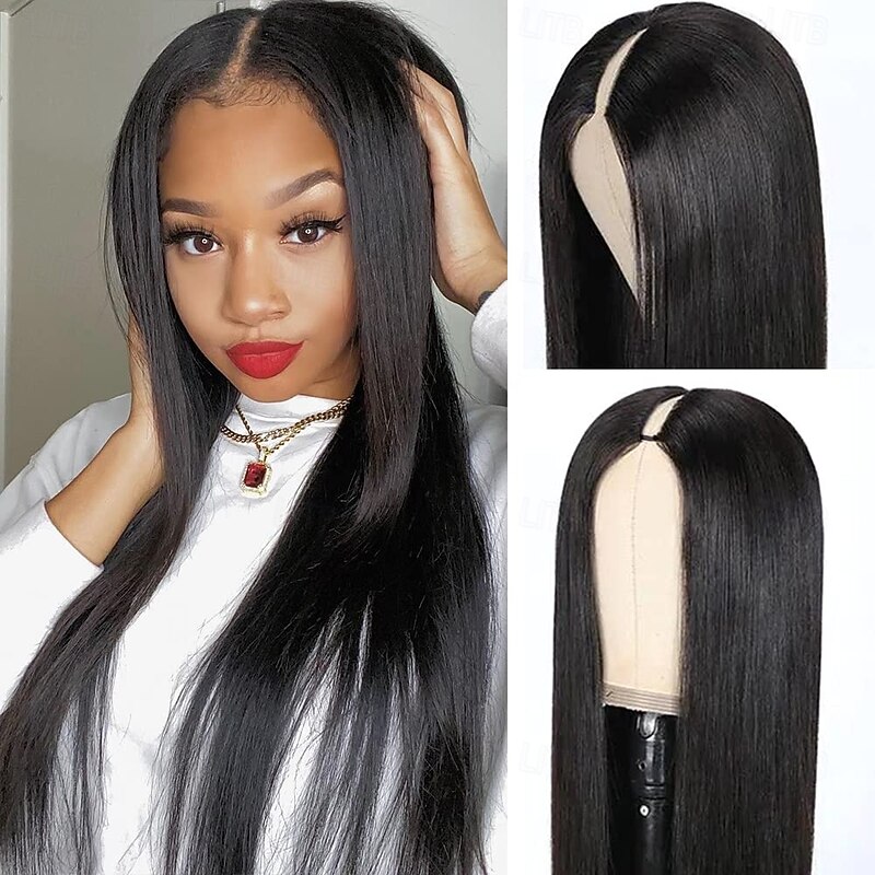 V Part Wig Human Hair Straight Vpart Human Hair Wig Upgrade U Part Wig Straight Clip in Half Wigs for Black Women Glueless No Leave Out 180% Density Natural Color