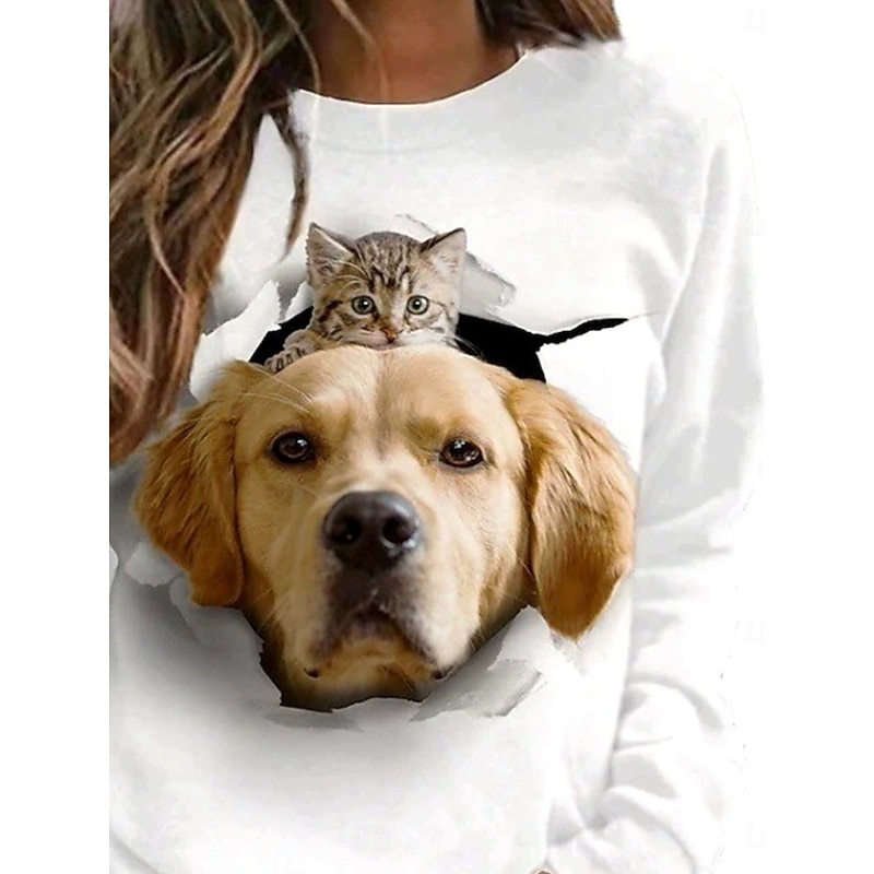 Women's Pullover Sweatshirt Hoodies Graphic Cat Dog Fashion Casual Long Sleeve Crew Neck Regular Tops Street Dailywear Print White Spring Fall Winter2