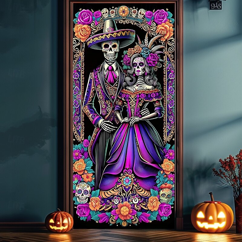 Halloween Door Cover Neon La Catrina Skeleton Bride Banner, Glowing Blacklight Entrance Decoration for Outdoor & Indoor 2025 Halloween Bedroom, Living Room, Bathroom