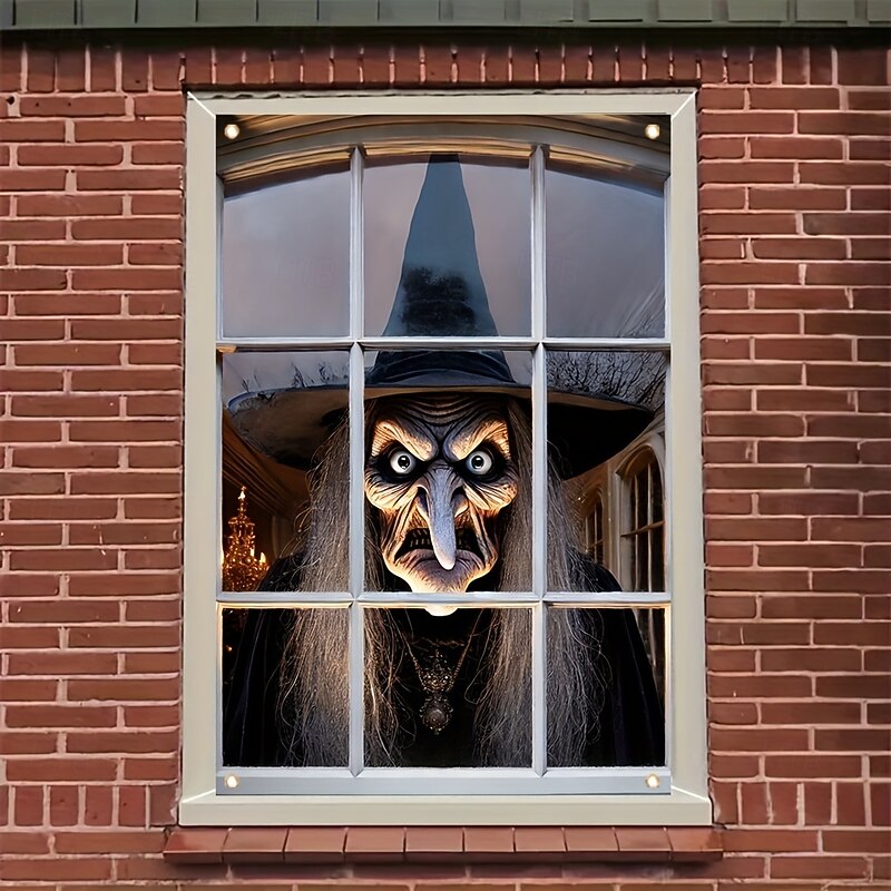 2D Door Banner 1pc Spooky Halloween Witch Polyester Window Door Banner - Multipurpose Durable Washable No Electricity Needed Indoor/Outdoor Use