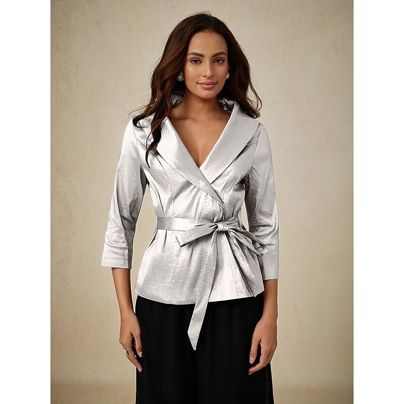 Women's Blouse Evening Tops Elegant Metallic Stylish 3/4 Length Sleeve V Neck Regular Tops Wedding Guest Evening Party Semi Formal Tie Front White Spring, Fall, Winter, Summer