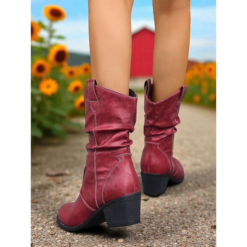 Women's Brown Slouchy Mid-Calf Boots with Block Heels – Vintage Western Style Faux Leather Boots for Country Outfits, Farm Visits and Autumn Festivals3