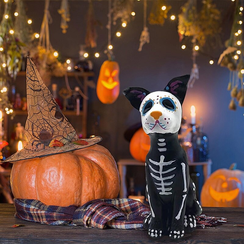 Day of The Dead Dog Statue, Halloween Sugar Skulls Animal Statue Resin Crafts, Ornament3