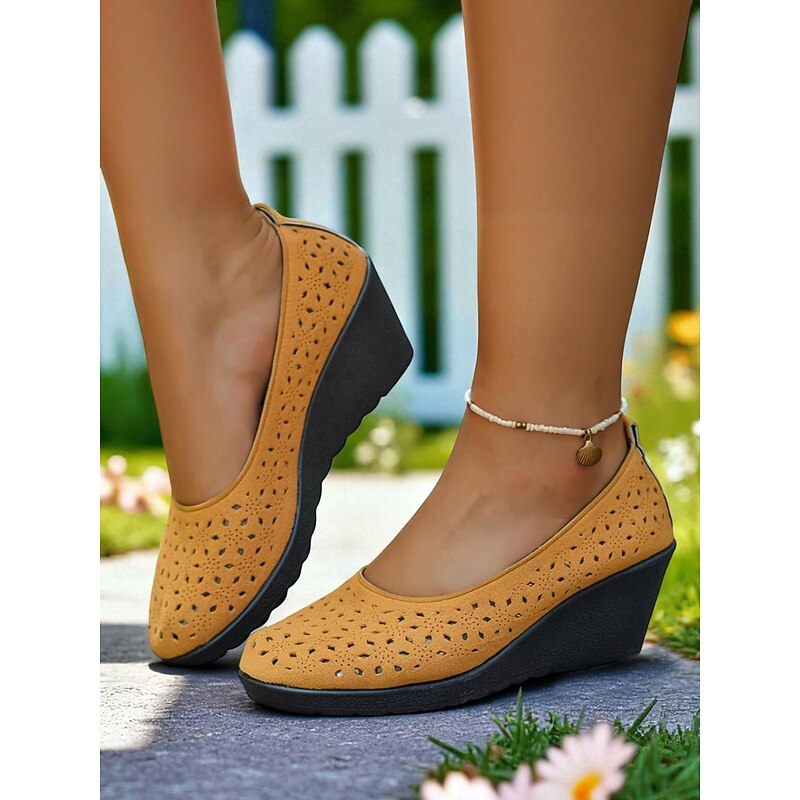 Women's Yellow Wedge Slip-On Shoes with Hollow Design – Comfortable Daily Flats for Summer Walks, Outdoor Picnics and Garden Parties