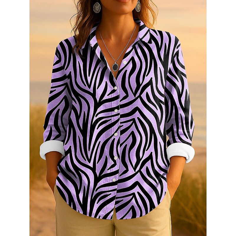 Women's Shirt Button Down Tunic Shirt Collar Long Sleeve Graphic Geometric Striped Vintage Tropical Daily Regular Tops Work Daily s Print Blue Purple Green Khaki Spring4