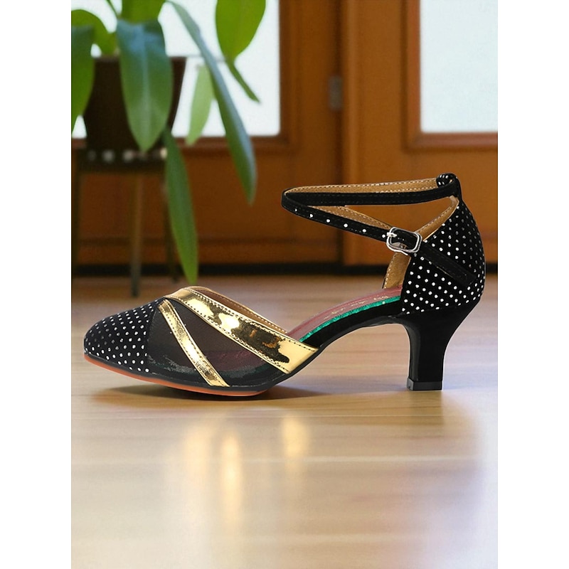Women's Professional Latin Dance Shoes - Polka Dot Heels with Gold Accent and Ankle Strap, Ideal for Ballroom Practice, Salsa, and Rumba Performances3
