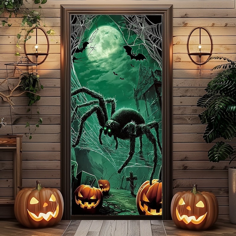 Halloween Door Cover – Giant Green Spider in Haunted Forest, Creepy Entrance Banner, Outdoor & Indoor Decoration for 2025 Halloween Bedroom, Living Room, Bathroom2