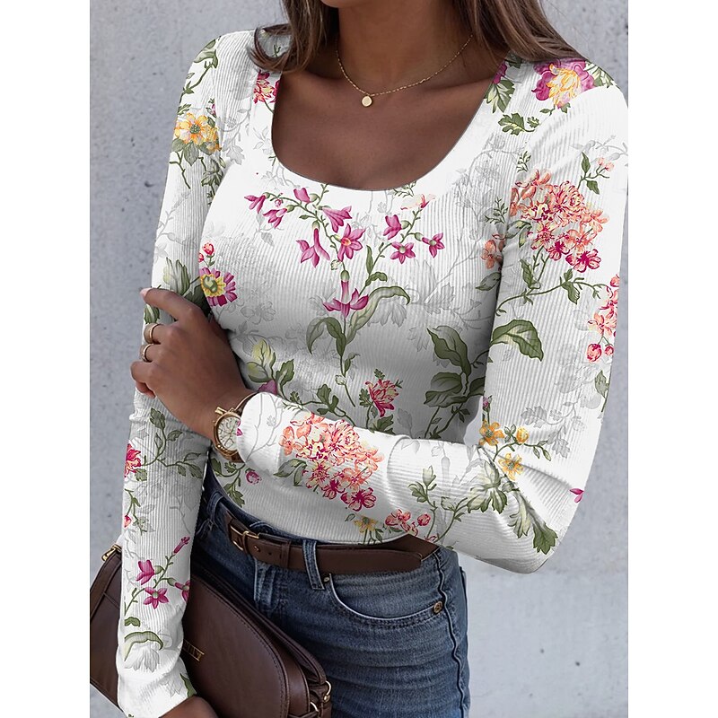 Women's T shirt Long Sleeve Ribbed Graphic Square Neck Long Sleeve Casual Geometric Classic Regular Tops Daily Print White Blue Khaki Rainbow Spring Fall Prefall4