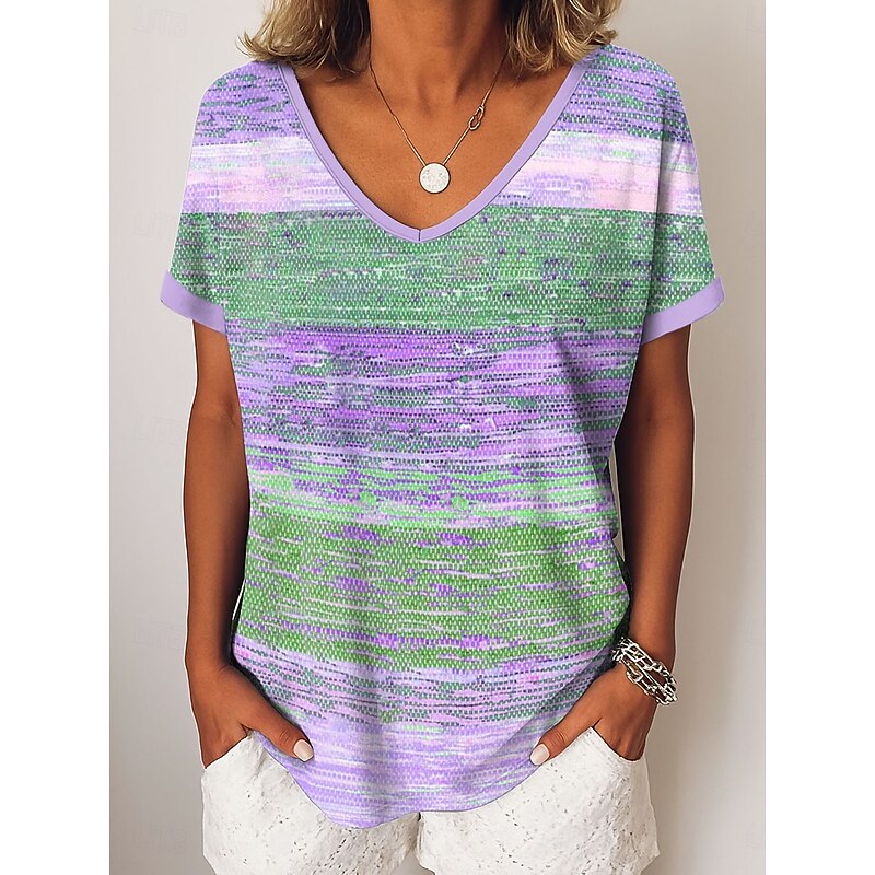 Women's T Shirt Graphic Geometric Striped Vintage Casual Short Sleeve V Neck Regular Tops Daily Weekend Vacation Wear Print Pink Blue Purple Green Summer Spring2