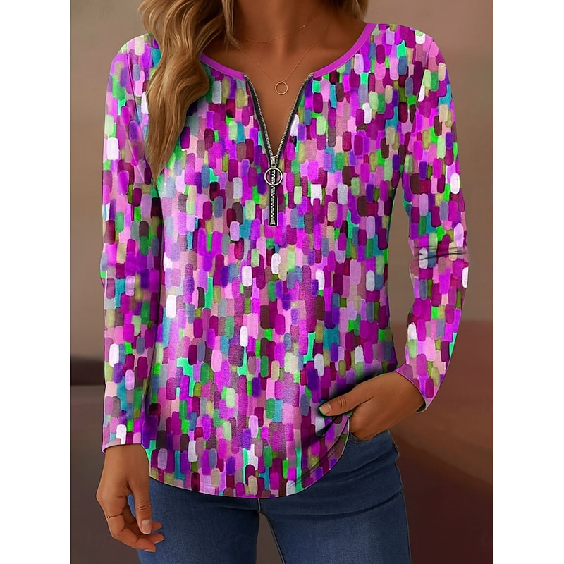 Women's T shirt Long Sleeve Quarter Zip Long Sleeve Casual Ombre Graphic Abstract Elegant Vintage Stylish V Neck Regular Tops Daily Pink Blue Orange Green Spring Fall Prefall3
