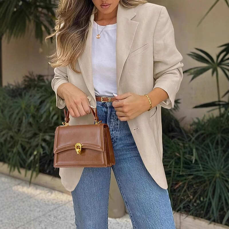 Women's Blazer Comfortable Breathable Pocket Buttons Fashion Modern Plain Work Daily Regular Turndown Regular Fit Long Sleeve Outerwear Black White Khaki Spring Fall3