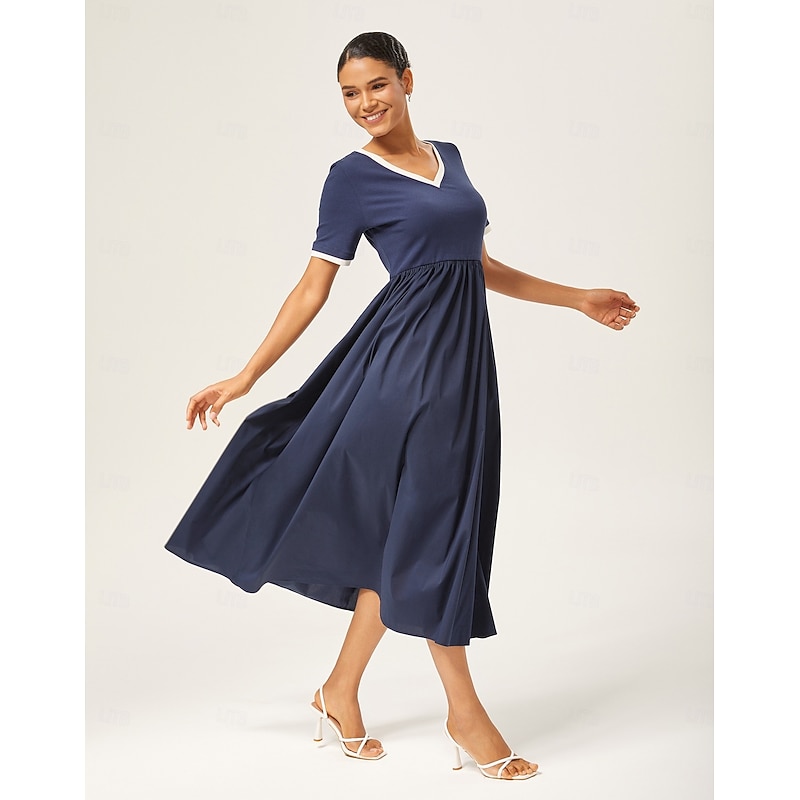 Navy Blue Cotton Knit-Woven Panel Dress2