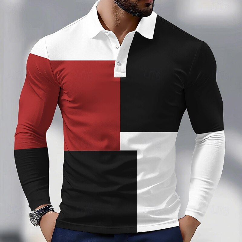 Men's Color Block Polo Long Sleeve Polo Shirts Collared Shirts Business Casual Athleisure Daily Wear 3D Print Spring Fall Red Blue Brown2
