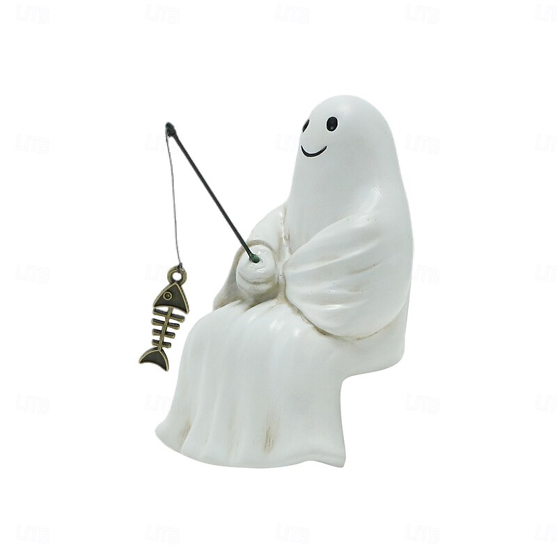 Halloween Resin Fishing Cute Ghost Decoration Figurine, Spooky Outdoor Yard Planter Balcony Pond Pavilion Decoration, Halloween Garden Ornament3