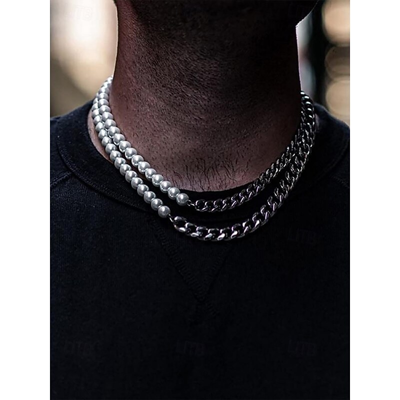 Men's Pearl and Chain Jewelry Set – Trendy Half Pearl Half Metal Necklace and Bracelet for Streetwear, Hip-Hop Style and Party Fashion4
