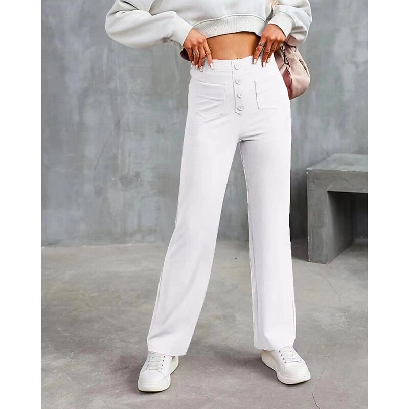 Women's Wide Leg Slacks Straight Streetwear Casual Full Length Natural Plain Pocket Elastic Waist Buckle Comfortable Outdoor Street Going out Apple Green Dark-Gray Orange red Forest Green Fall4