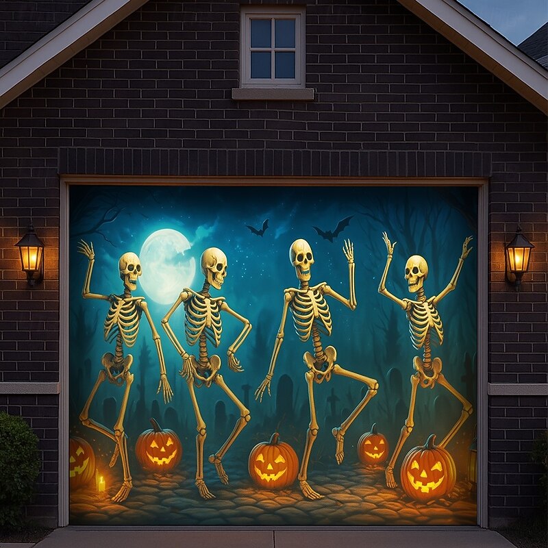 Halloween Garage Door Cover Dancing Skeletons and Pumpkins Banner, Large Tapestry Backdrop Decoration for Holiday Outdoor Garage Door and Home Wall, 2025 Halloween Decorations4