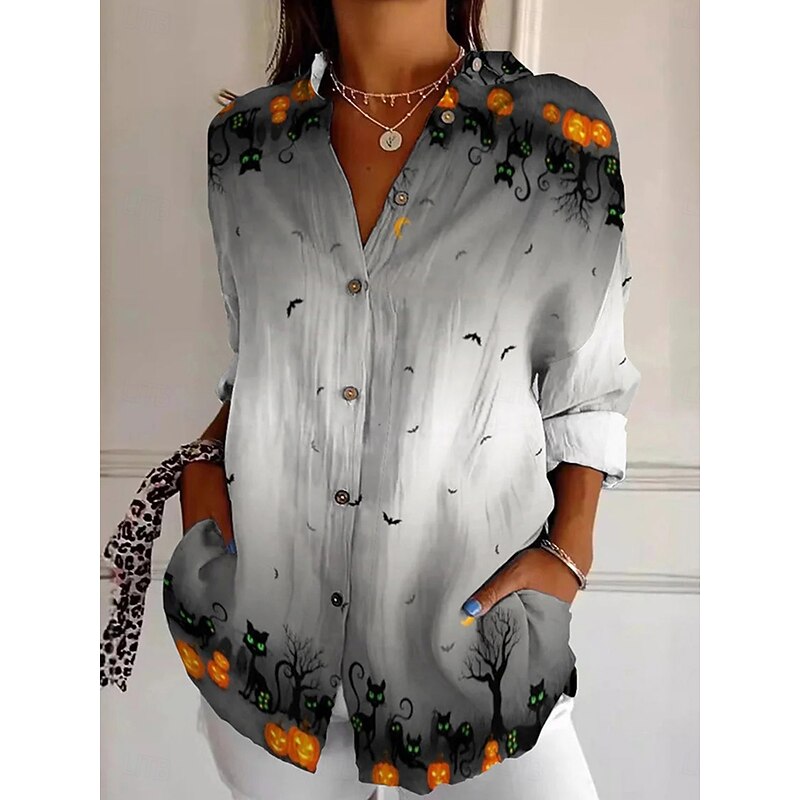 Halloween Women's Shirt Button Down Tunic Shirt Collar Long Sleeve Bat Graphic Vintage Casual Regular Tops Work Daily s Print Black Pink Orange Gray Spring Fall2