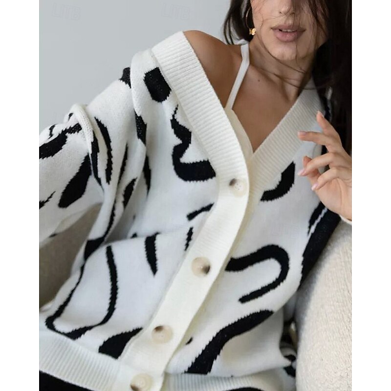 Women's Sweater Cardigan Fashion Streetwear Daily Print Ribbed V Neck Knitted Long Sleeve Regular Tops Knit Holiday Going out Weekend Black Apricot Fall Winter3