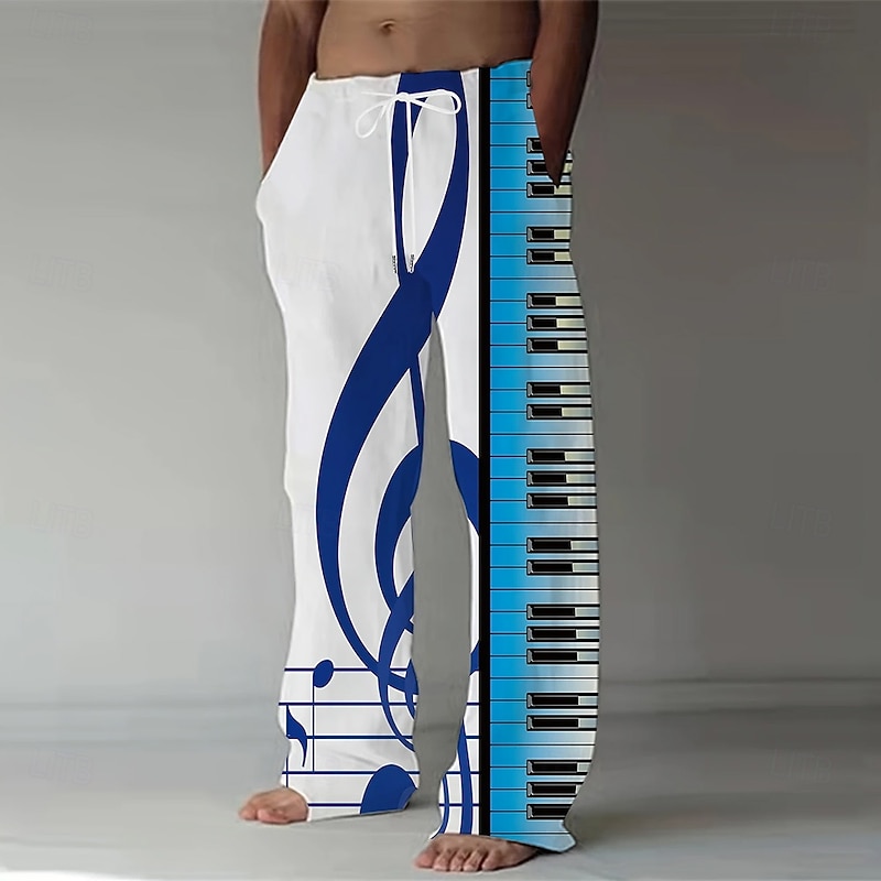 Men's Piano Musical Notes Trousers Baggy Pants Casual Pants Mid Waist Vintage Retro Vacation Holiday Elastic Drawstring Waist Linen-Like Pants with Pockets Summer Spring 3D Print Black Blue4