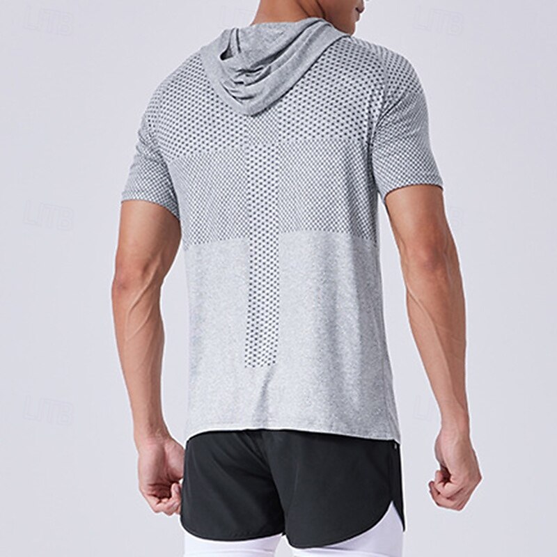 Men's Performance Shirt Sport Tee Shirt Short Sleeve Hoodie Top Outdoor Quick Dry Sweat wicking anti-odor Breathable Polyester Patchwork Dark Grey Blue Light Grey Fishing Tennis Running3